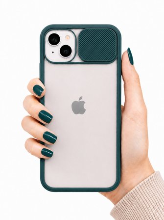 Apple iPhone 13 Uyumlu Kılıf Sürgülü Kamera Korumalı Mat Lensi Telefon Kılıfı - Koyu Yeşil
