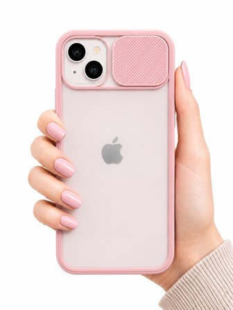 Apple iPhone 13 Uyumlu Kılıf Sürgülü Kamera Korumalı Mat Lensi Telefon Kılıfı - Pembe Açık