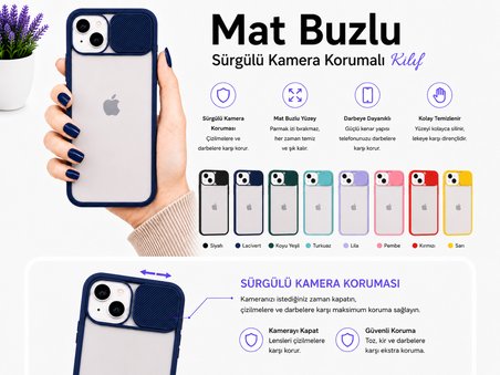 Apple iPhone 13 Uyumlu Kılıf Sürgülü Kamera Korumalı Mat Lensi Telefon Kılıfı - Pembe Açık