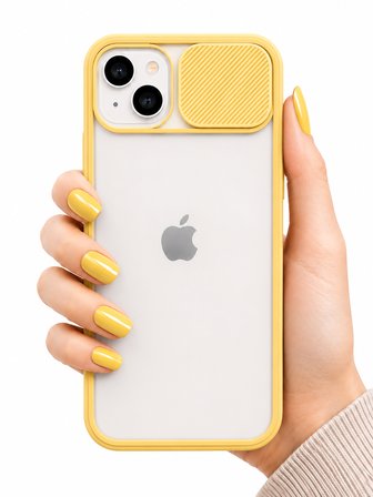 Apple iPhone 13 Uyumlu Kılıf Sürgülü Kamera Korumalı Mat Lensi Telefon Kılıfı - Sarı