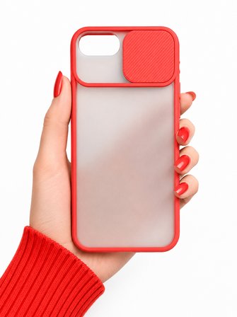 Apple iPhone 7 Plus Uyumlu Kılıf Sürgülü Kamera Korumalı Mat Lensi Telefon Kılıfı - Kırmızı
