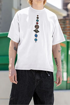 Özel Tasarım Gezegenler Baskılı Unisex Oversize Tişört