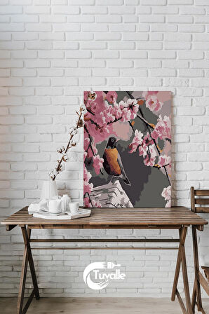 Kiraz Çiçekleri ve Kuş Sayılarla Boyama Seti, Hobi Seti, 40X50 Tablo, Fırça Boya, Numaralı Tuval