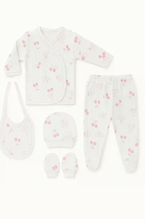 %100 Pamuklu 5 Parça Hastane Çıkışı Seti – Bebek Zıbın Takımı, Şapka, Önlük, Eldiven