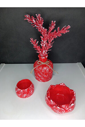 Kırmızı Mumluk ve Çiçekli Vazo Takımı Biblo Dekoratif Süs Eşyası