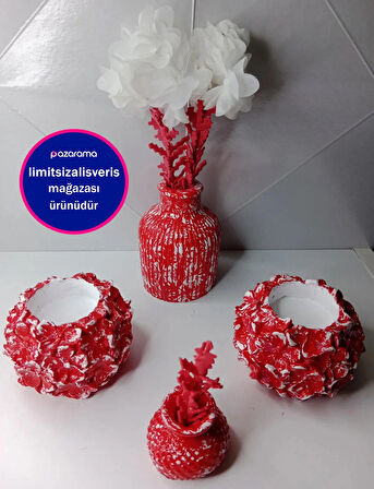 Kırmızı Mumluk ve Çiçekli Vazo Takımı Dekoratif Obje