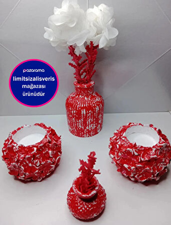 Kırmızı Mumluk ve Çiçekli Vazo Takımı Dekoratif Obje