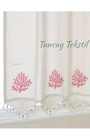 Kırmızı Mercan Baskılı %100 Pamuklu El Işi Dantelli Buldan Işi Keten Perde