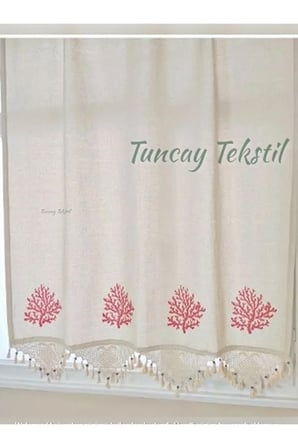 Kırmızı Mercan Baskılı %100 Pamuklu El Işi Dantelli Buldan Işi Keten Perde