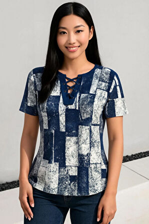 Kadın Kısa Kollu Yakası Bağcıklı Bluz