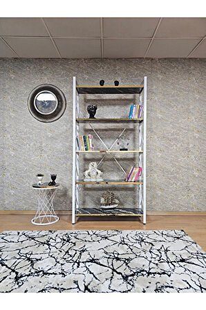 Beyaz Boyalı Kitaplık - 5 Raflı Suntalem Lüks Kitaplık Luanda Gold Cumbalı