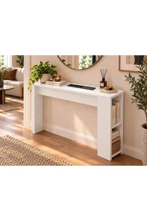 Koltuk Arkası MDF Dresuar – 4’lü Priz, USB + Type-C Şarj Konsolu | Koltuk Arkası Raf & Yan Sehpa Beyaz100x75x15