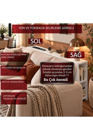 Koltuk Arkası MDF Dresuar – 4’lü Priz, USB + Type-C Şarj Konsolu | Koltuk Arkası Raf & Yan Sehpa Beyaz100x75x15