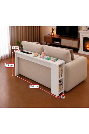 Koltuk Arkası MDF Dresuar – 4’lü Priz, USB + Type-C Şarj Konsolu | Koltuk Arkası Raf & Yan Sehpa Beyaz150x75x15