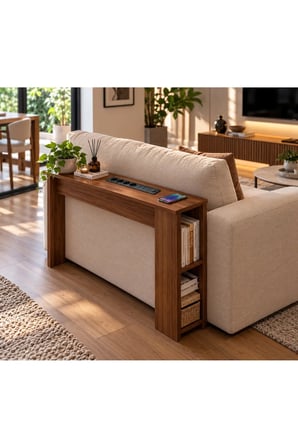Koltuk Arkası MDF Dresuar – 4’lü Priz, USB + Type-C Şarj Konsolu | Koltuk Arkası Raf & Yan Sehpa Ceviz100x75x15