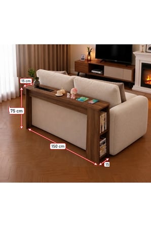 Kitaplıklı Koltuk Arkası MDF Dresuar – 4’lü Priz, USB + Type-C Şarj Konsolu | Koltuk Arkası Raf & Yan Sehpa Ceviz150x75x15