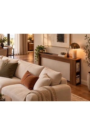 Kitaplıklı Koltuk Arkası MDF Dresuar – 4’lü Priz, USB + Type-C Şarj Konsolu | Koltuk Arkası Raf & Yan Sehpa Ceviz150x75x15