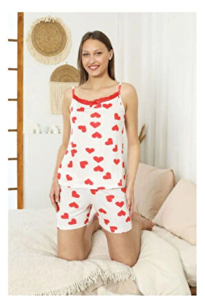 Alimer Kalp Deseli Erkru Renk Şortlu Kadın Pijama Takımı