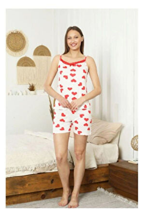 Alimer Kalp Deseli Erkru Renk Şortlu Kadın Pijama Takımı