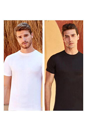Berrak 2'li Siyah ve Beyaz Renkler Sıfır Yaka %100 Pamuk Kısa Kollu Erkek Fanila - Atlet