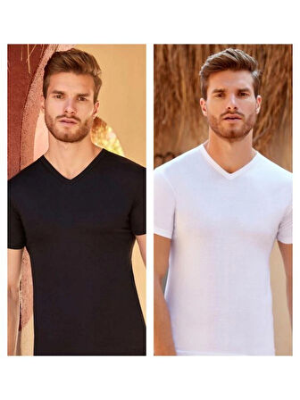 Berrak 2'li Siyah ve Beyaz Renkler V Yaka %100 Pamuk Kısa Kollu Erkek Fanila - Atlet