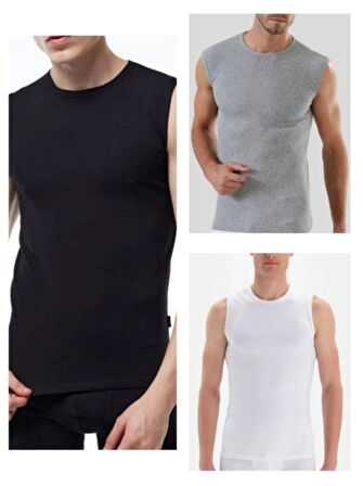 Berrak 6'lı (Siyah - Beyaz ve Gri Renkler) Likralı Bisiklet Yaka Kolsuz Erkek Atlet