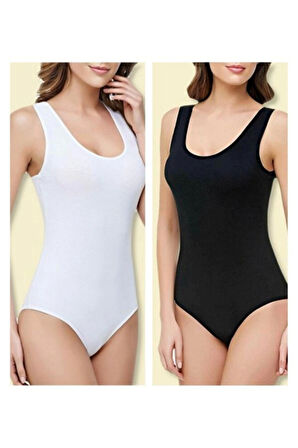 Tutku 2'li Kalın Askılı Siyah ve Beyaz Renkler Çıtçıtlı (Kancalı) Kadın Body - Atlet