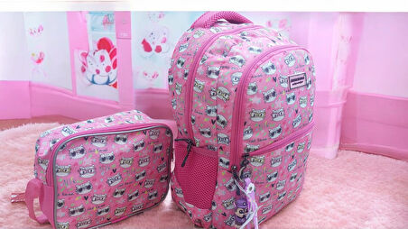 Kitty Kedi Model Pembe Okul Çantası ve Beslenme Çantası
