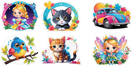 6 Adet Kız Çocuk Etiket Yapıştırma Sticker Defter Dolap Masa 10x10 cm