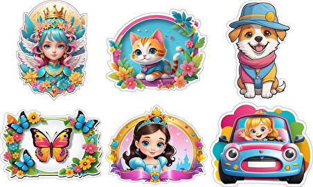  6 Adet Kız Çocuk Sticker v2 Etiket Yapıştırma Sticker Defter Dolap Masa 10x10 cm