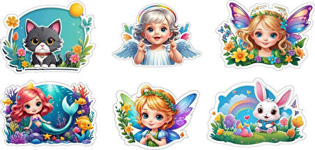  6 Adet Kız Çocuk Sticker v3 Etiket Yapıştırma Sticker Defter Masa Dolap 10 x 10 cm