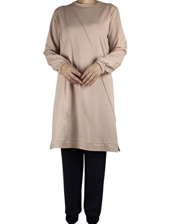 KADIN ÖNÜ DİKİŞLİ KOLLARI LASTİKLİ ETEK UCU BANTLI KRİSTAL İKİ İPLİK MEVSİMLİK TUNİK