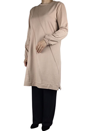 KADIN ÖNÜ DİKİŞLİ KOLLARI LASTİKLİ ETEK UCU BANTLI KRİSTAL İKİ İPLİK MEVSİMLİK TUNİK