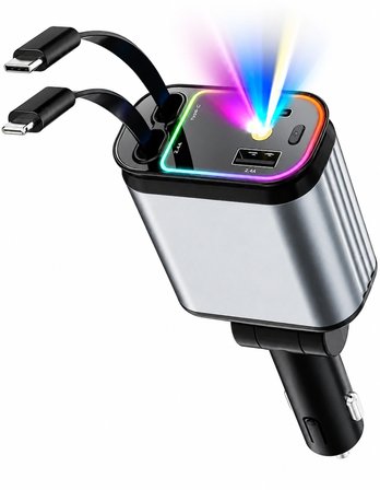 3'ü 1 Arada Hızlı Araç Şarj Cihazı | USB + Type-C + iOS Entegre Kablolu | PD Hızlı Şarj | 180° Dönebilen Başlık | LED Aydınlatmalı