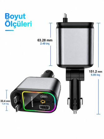 3'ü 1 Arada Hızlı Araç Şarj Cihazı | USB + Type-C + iOS Entegre Kablolu | PD Hızlı Şarj | 180° Dönebilen Başlık | LED Aydınlatmalı