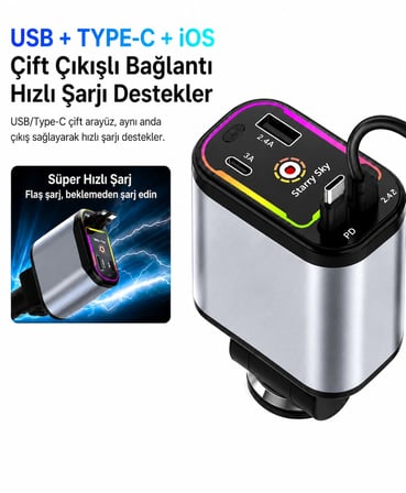3'ü 1 Arada Hızlı Araç Şarj Cihazı | USB + Type-C + iOS Entegre Kablolu | PD Hızlı Şarj | 180° Dönebilen Başlık | LED Aydınlatmalı
