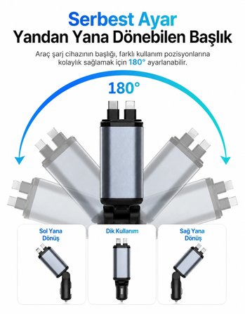 3'ü 1 Arada Hızlı Araç Şarj Cihazı | USB + Type-C + iOS Entegre Kablolu | PD Hızlı Şarj | 180° Dönebilen Başlık | LED Aydınlatmalı