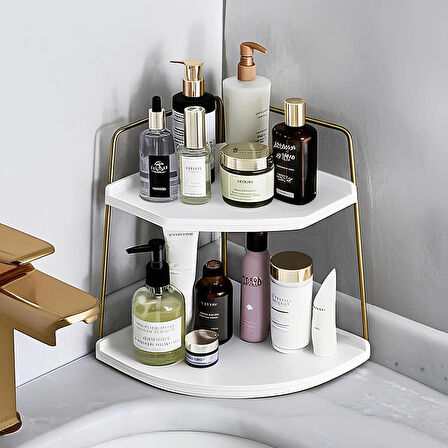 Dekoratif 2 Katlı Raf | Çok Amaçlı Organizer Paslanmaz Çelik & Ahşap Stand – Salon, Mutfak, Banyo, Çalışma Alanı İçin