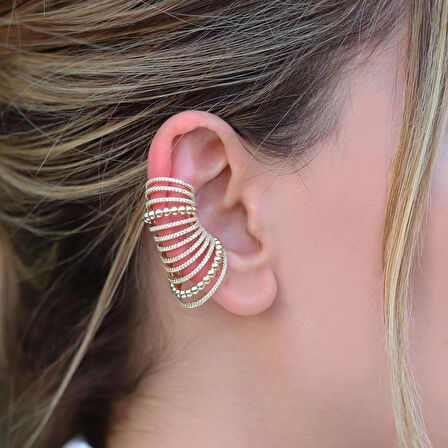 Ear Cuff Zirkon Taşlı Gold Kaplama Gümüş Küpe