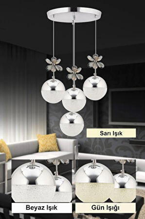 Kelebek 4'lü Gümüş Sarkıt 3 Renk Kademeli Ledli Kristal Taşlı Modern Led Avize