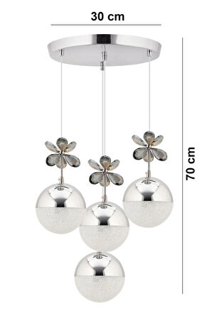 Kelebek 4'lü Gümüş Sarkıt 3 Renk Kademeli Ledli Kristal Taşlı Modern Led Avize