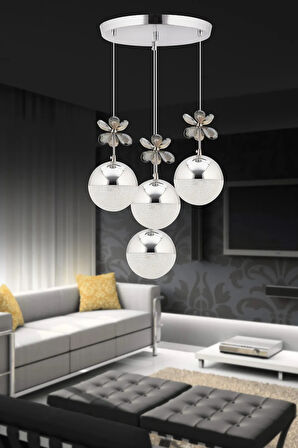 Kelebek 4'lü Gümüş Sarkıt 3 Renk Kademeli Ledli Kristal Taşlı Modern Led Avize