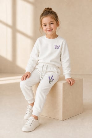 Kız Çocuk Krem Kelebek ve Lavanta Nakışlı Pamuklu 2 İplik Sweatshirt Eşofman Takımı