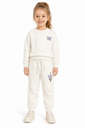 Kız Çocuk Krem Kelebek ve Lavanta Nakışlı Pamuklu 2 İplik Sweatshirt Eşofman Takımı