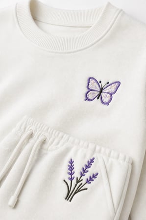 Kız Çocuk Krem Kelebek ve Lavanta Nakışlı Pamuklu 2 İplik Sweatshirt Eşofman Takımı