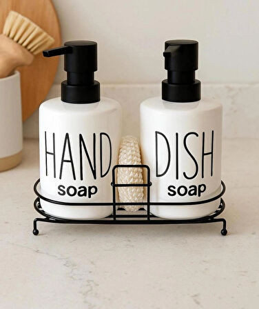 Metal Stantlı 2’li Seramik Sıvı Sabunluk, Deterjanlık Seti – Pompalı Şişe Banyo ve Mutfak