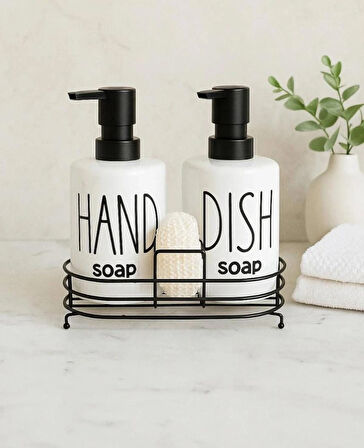 Metal Stantlı 2’li Seramik Sıvı Sabunluk, Deterjanlık Seti – Pompalı Şişe Banyo ve Mutfak