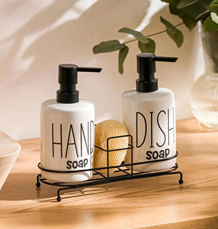 Metal Stantlı 2’li Seramik Sıvı Sabunluk, Deterjanlık Seti – Pompalı Şişe Banyo ve Mutfak