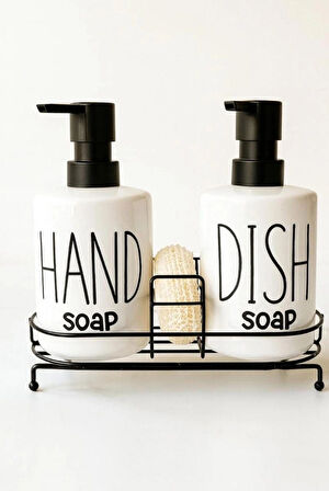 Metal Stantlı 2’li Seramik Sıvı Sabunluk, Deterjanlık Seti – Pompalı Şişe Banyo ve Mutfak