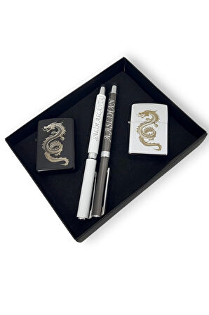 2 İsme Özel Touchpen Tükenmez Kalem 2 Ejderha Desenli Benzinli Çakmak 4 Parça Kişiye Özel Set